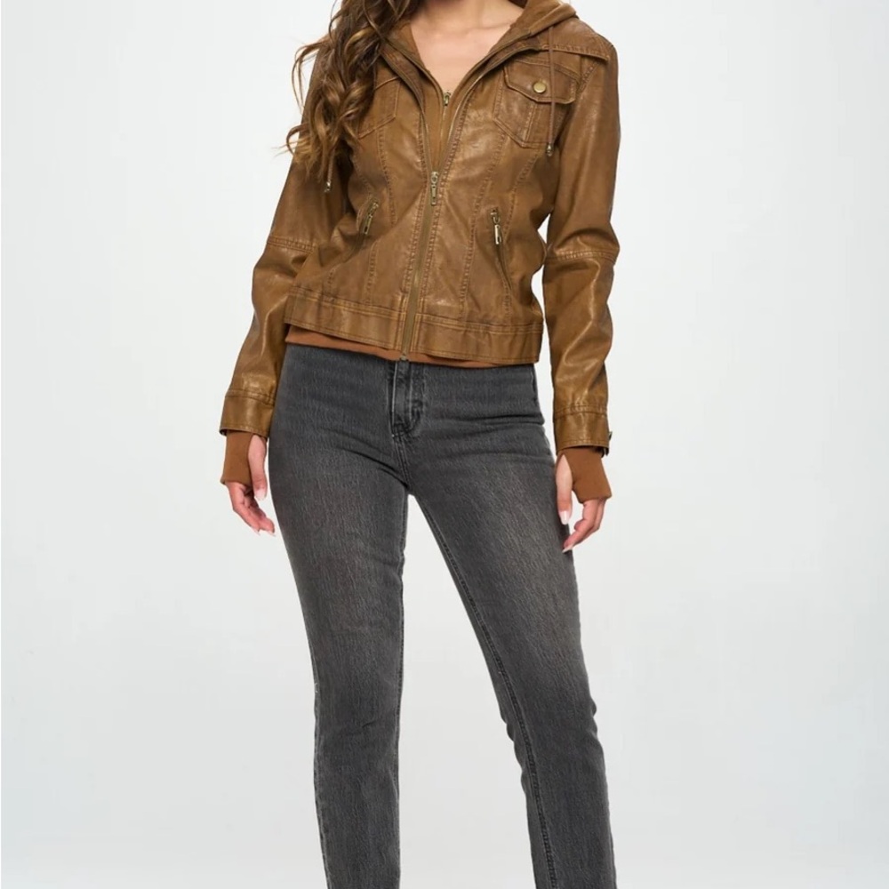 B. COATURE
VEGAN VIBES HOODED FAUX LEATHER JACKET - CAMEL